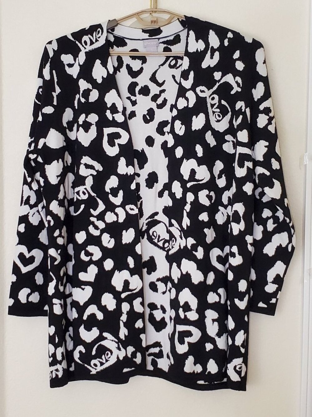 Chicos Cardigan Women 3 US XL Black White Open Front Sweater Love Hearts Print